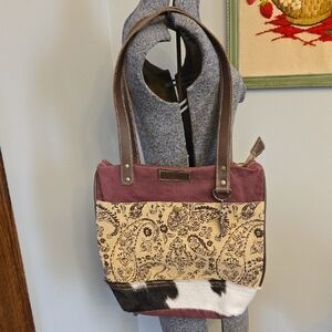 Sixtease Leather Cowhide Burgundy Canvas Shoulder Bag